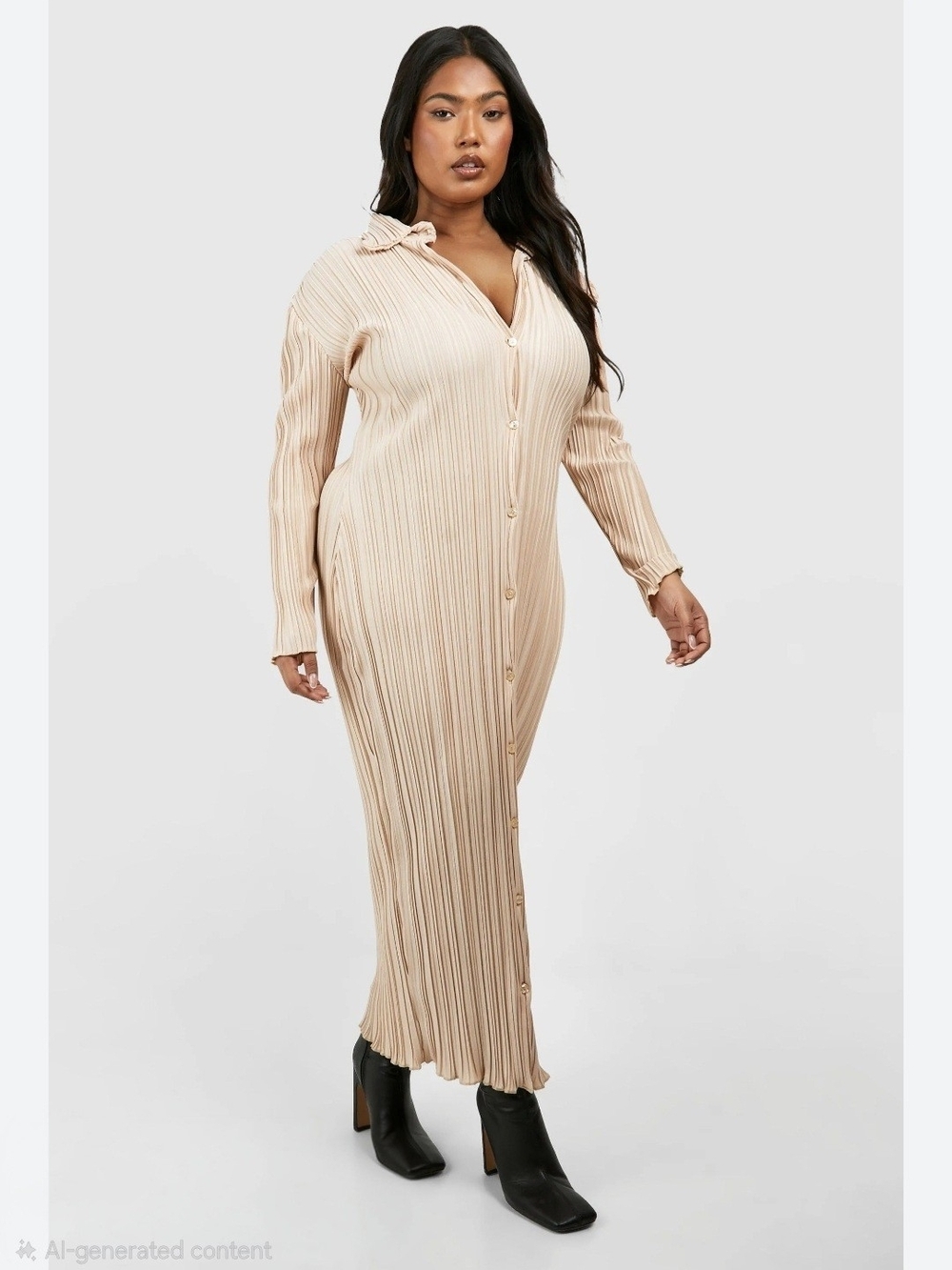 H&M beige ribbed midi dress features a button-down front and classic collar.